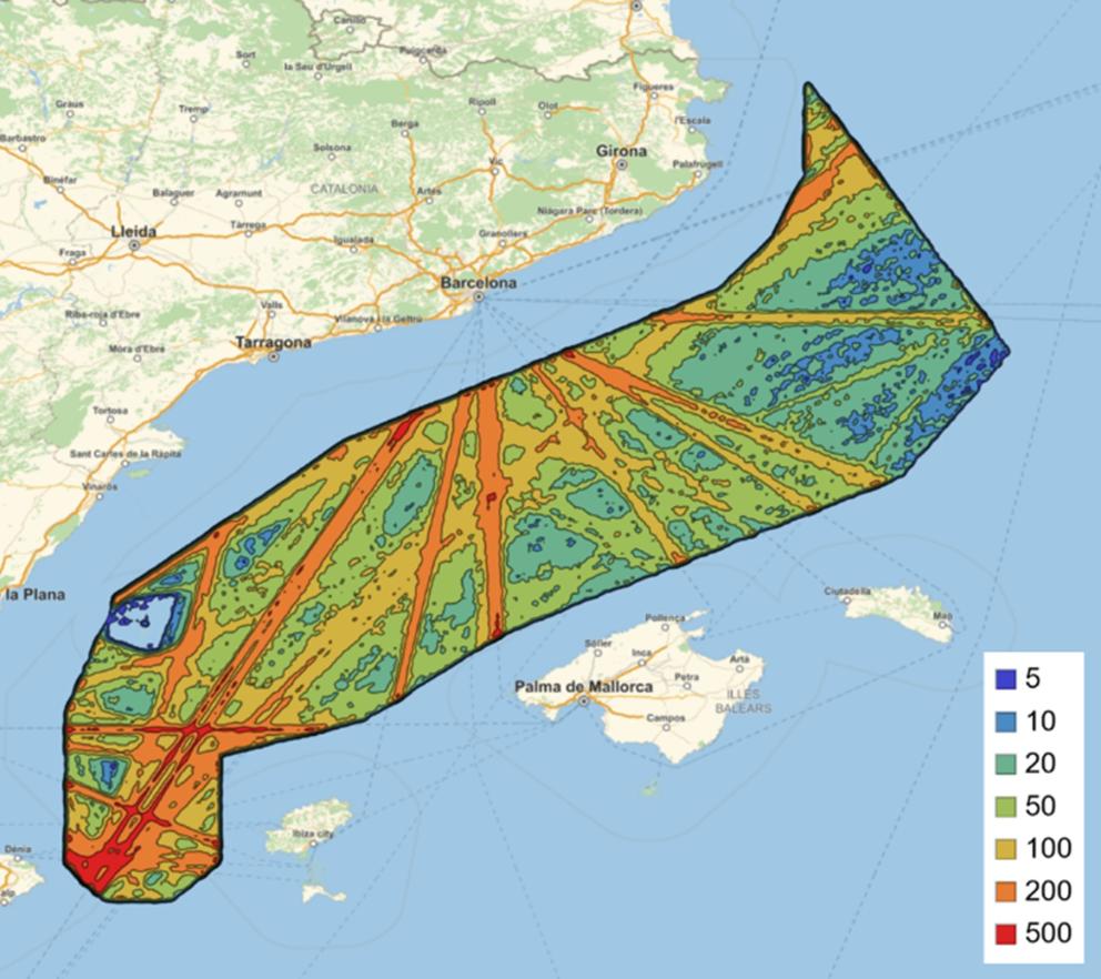 Figura de densidad del tráfico marítimo, 2019, corredor migración cetáceos del Mediterráneo