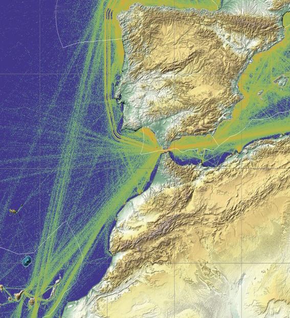 Imagen representación de tráfico de buques mediante datos AIS