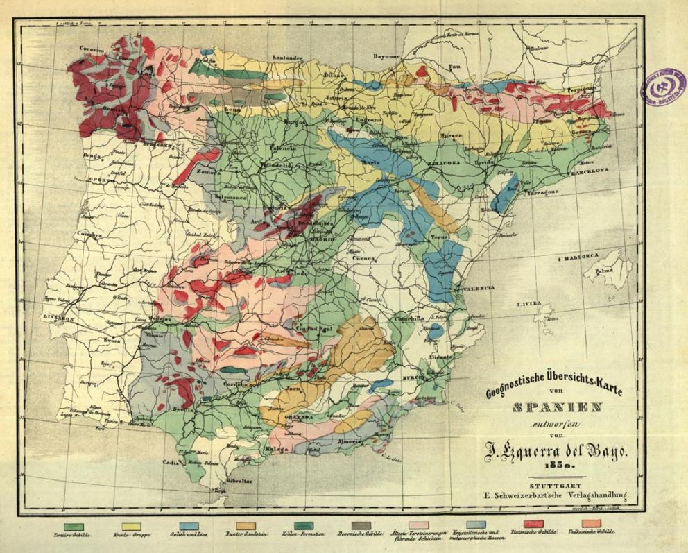 Primer mapa Geológico de España. J. Ezquerra Bayo, 1850.