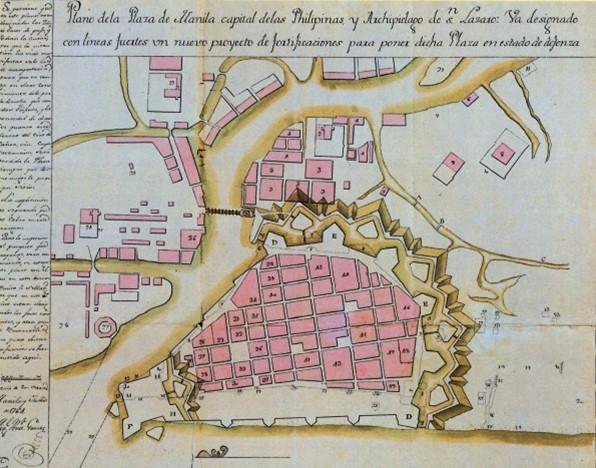 Plano de la Plaza de Manila, capital de las Filipinas y Archipiélago de San Lázaro.  1761.