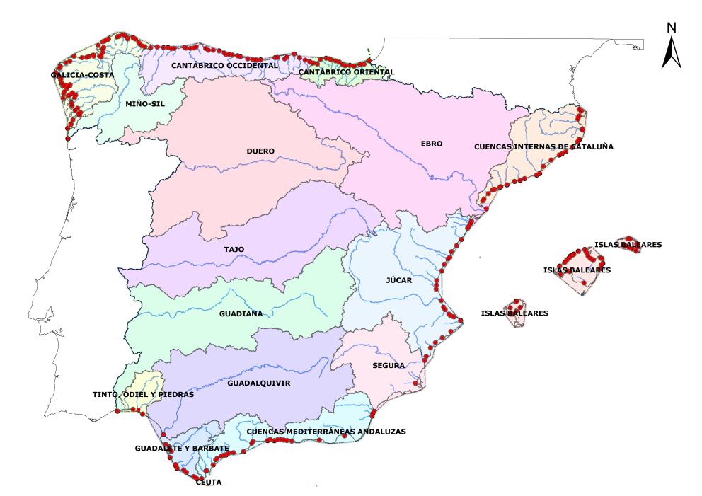 Representación geográfica de las desembocaduras de los ríos considerados