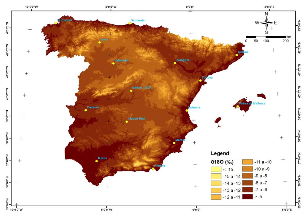 Mapa de desviación del oxígeno-18 en la península y Baleares